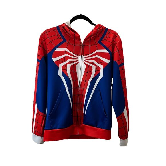 Spiderman Full Zip Hoodie Hooded Jacket Blue Red White Mens Size S Cosplay